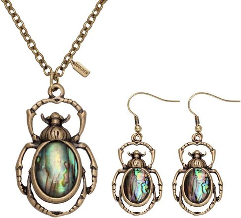 Antique Bronze Abalone Shell Bug Wildlife Necklace Scarab Earring Woodland Animal Jewelry Set in Saudi Arabia