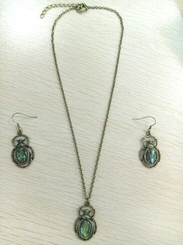 Antique Bronze Abalone Shell Bug Wildlife Necklace Scarab Earring Woodland Animal Jewelry Set in Saudi Arabia