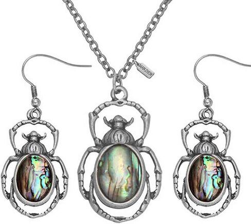 Antique Bronze Abalone Shell Bug Wildlife Necklace Scarab Earring Woodland Animal Jewelry Set in Saudi Arabia