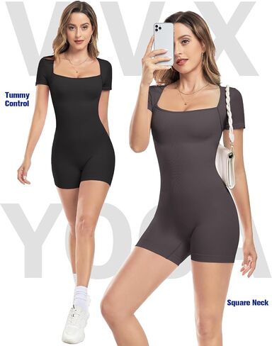 VVX Short Sleeve Bodycon Jumpsuit for Women Tummy Control Square Neck Yoga One Piece Shorts Rompers in Saudi Arabia
