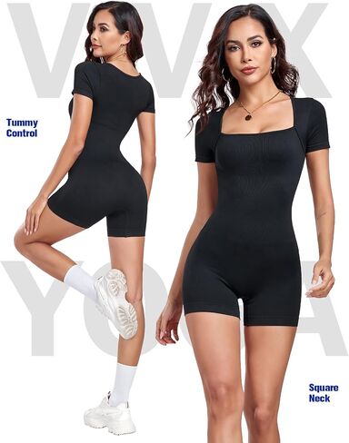 VVX Short Sleeve Bodycon Jumpsuit for Women Tummy Control Square Neck Yoga One Piece Shorts Rompers in Saudi Arabia