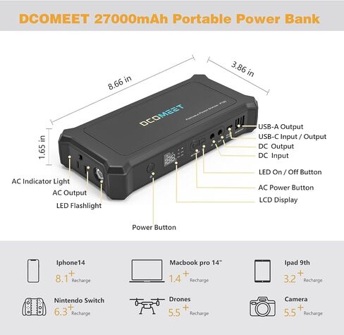 27000mAh/99.9Wh Portable Power Bank with AC Outlet, 100W Battery Powered Outlet, PD 60W QC 3.0 USB Ports Fast Charging Portable Power Suply Station for Laptops,Phone,Drone,Camera,Fan(Black) in Saudi Arabia