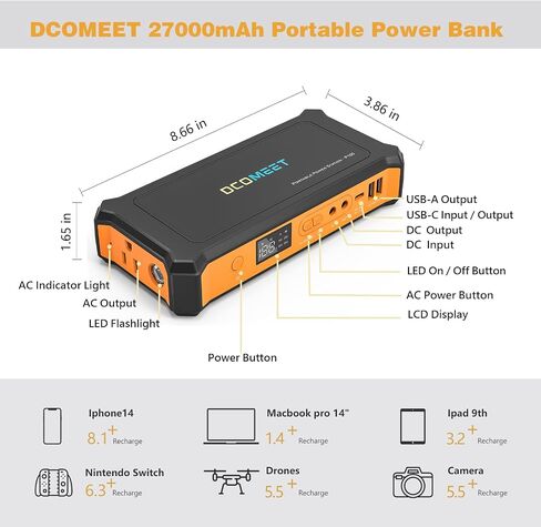 27000mAh/99.9Wh Portable Power Bank with AC Outlet, 100W Battery Powered Outlet, PD 60W QC 3.0 USB Ports Fast Charging Portable Power Suply Station for Laptops,Phone,Drone,Camera,Fan(Black) in Saudi Arabia