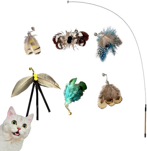 استبدال عصا لعبة ريش الحشرات للقطط، عبوات ريش ألعاب القطط، مجموعة من 6 رؤوس بديلة مع أجراس، ألعاب تفاعلية للقطط من الريش الطبيعي (6 قطع عبوات + عصا دعابة واحدة) in Kuwait