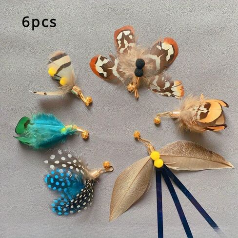 استبدال عصا لعبة ريش الحشرات للقطط، عبوات ريش ألعاب القطط، مجموعة من 6 رؤوس بديلة مع أجراس، ألعاب تفاعلية للقطط من الريش الطبيعي (6 قطع عبوات + عصا دعابة واحدة) in Kuwait