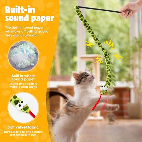 Fashion's Talk 2 Pack Cat Teaser Wand Toy for Indoor Cats, Cute Mesh Snake & Crinkle Plush Fabric Kitten Wand Kitty Toys Interactive Play Chase Exercise Cat Toys for All Breed Sizes in Kuwait
