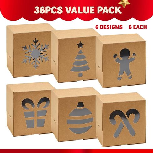 JOYIN 36 Pcs Christmas Cookie Boxes, Brown Kraft Treat Boxes with Window 4" x 4" x 2.5" Bakery Gift Warpping Box for Xmas Holiday Party Favor Pastries, Cupcakes, Cookies Donuts Gift-Giving in Saudi Arabia