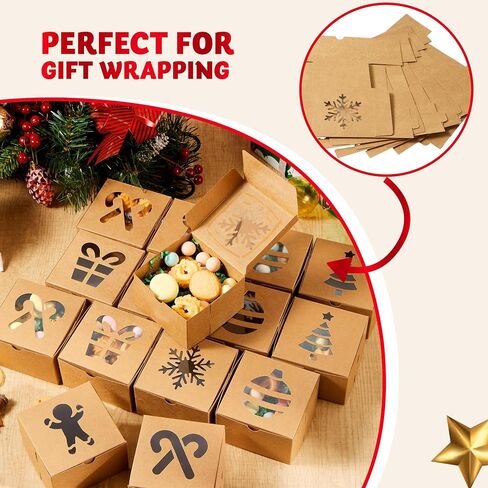 JOYIN 36 Pcs Christmas Cookie Boxes, Brown Kraft Treat Boxes with Window 4" x 4" x 2.5" Bakery Gift Warpping Box for Xmas Holiday Party Favor Pastries, Cupcakes, Cookies Donuts Gift-Giving in Saudi Arabia