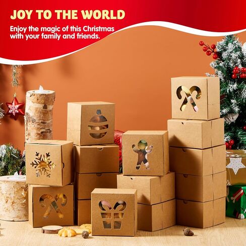 JOYIN 36 Pcs Christmas Cookie Boxes, Brown Kraft Treat Boxes with Window 4" x 4" x 2.5" Bakery Gift Warpping Box for Xmas Holiday Party Favor Pastries, Cupcakes, Cookies Donuts Gift-Giving in Saudi Arabia