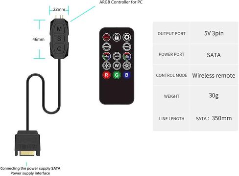 ARGB Controller 5V 3 Pin RGB Controller Cable,SATA Power RGB Fan Controller with 14 Key Remote Control Switch in Saudi Arabia