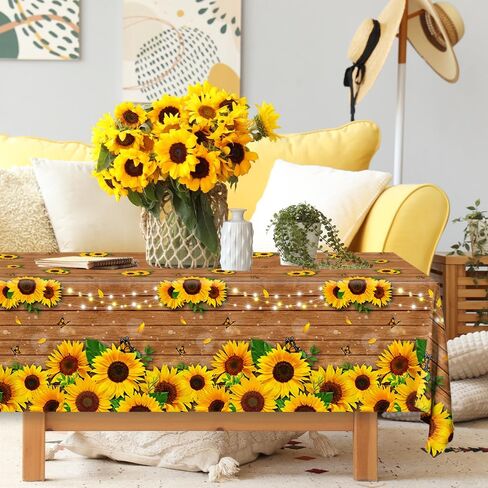 زينة حفلة عيد ميلاد عباد الشمس - 3 قطع مفرش طاولة من خشب عباد الشمس مصنوع من البلاستيك الريفي عباد الشمس غطاء طاولة عباد الشمس لعيد ميلاد الطفل 42.5 بوصة × 70.8 بوصة (عباد الشمس) in Kuwait