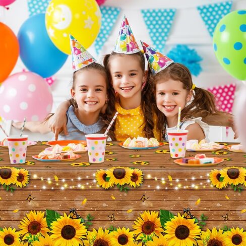 زينة حفلة عيد ميلاد عباد الشمس - 3 قطع مفرش طاولة من خشب عباد الشمس مصنوع من البلاستيك الريفي عباد الشمس غطاء طاولة عباد الشمس لعيد ميلاد الطفل 42.5 بوصة × 70.8 بوصة (عباد الشمس) in Kuwait