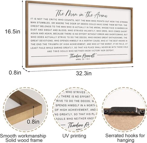Flangairy The Man In The Arena لوحة فنية جدارية مؤطرة مقاس 32.3 × 16.5 بوصة، لوحة فنية جدارية تحفيزية خشبية للرجال، ديكور مكتب ملهم in Kuwait