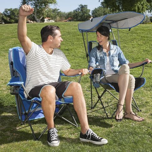 Kelsyus Premium Portable Camping Folding Outdoor Lawn Chair w/50+ UPF Canopy, Cup Holder, & Carry Strap, for Sports, Beach, Lake, Blue & Gray (2 Pack) in Kuwait