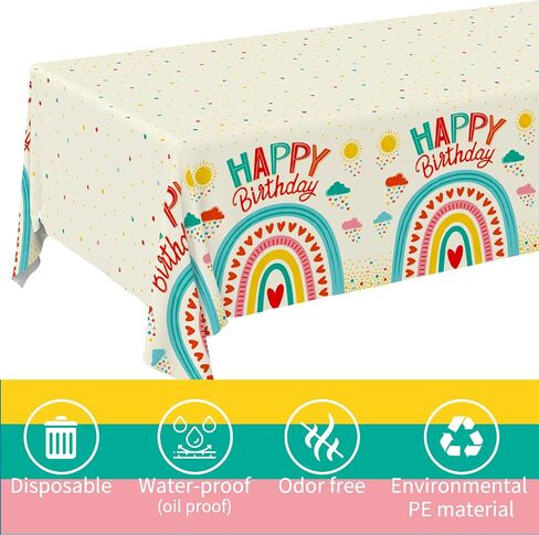 Gatherfun Retro Rainbow Themed Happy Birthday Party Supplies, Disposable Tablecloth, Plastic Table Cover for Kids Birthday Party Decorations, 3 Pack, 54"x108" in Saudi Arabia