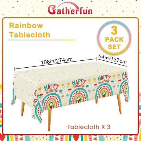 Gatherfun Retro Rainbow Themed Happy Birthday Party Supplies, Disposable Tablecloth, Plastic Table Cover for Kids Birthday Party Decorations, 3 Pack, 54"x108" in Saudi Arabia