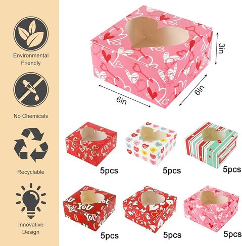 علب بسكويت مخبز عيد الحب من سوبرليل، 30 عبوة مع 6 أنماط من صناديق الحلوى مع صندوق كب كيك نافذة لتغليف هدايا الحفلات، الدونات، براونيز، الكمأة in Kuwait