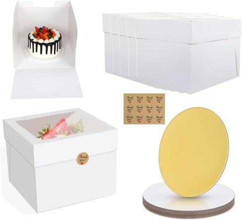 10pcs Cake Boxes, 10" x 10" x 8" Tall Cake Boxes Set (10pcs Boxes and 10pcs Boards), White Bakery Box with Window, Disposable Paperboard Cake Baker Boxes for Desserts, Cupcakes, Pastries in Kuwait