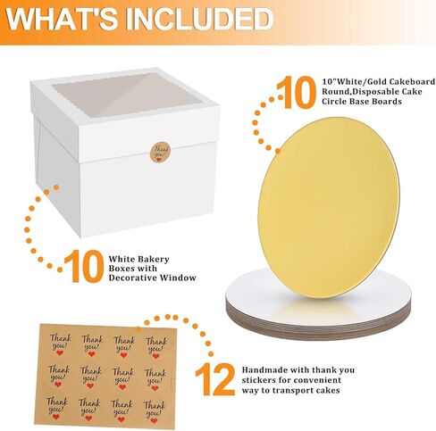 10pcs Cake Boxes, 10" x 10" x 8" Tall Cake Boxes Set (10pcs Boxes and 10pcs Boards), White Bakery Box with Window, Disposable Paperboard Cake Baker Boxes for Desserts, Cupcakes, Pastries in Kuwait