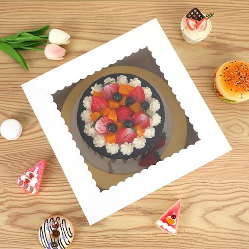 10pcs Cake Boxes, 10" x 10" x 8" Tall Cake Boxes Set (10pcs Boxes and 10pcs Boards), White Bakery Box with Window, Disposable Paperboard Cake Baker Boxes for Desserts, Cupcakes, Pastries in Kuwait