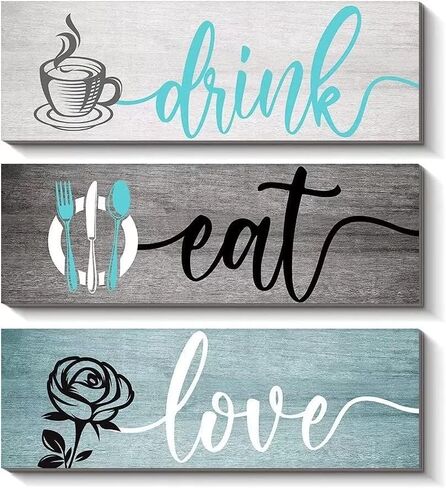 Creoate Teal Kitchen Wall Decor Art، مجموعة من 3 - لوحة خشبية لتناول المشروبات والحب، لوحة فنية جدارية لغرفة الطعام ديكور مزرعة ريفية، هدايا للمنزل in Saudi Arabia