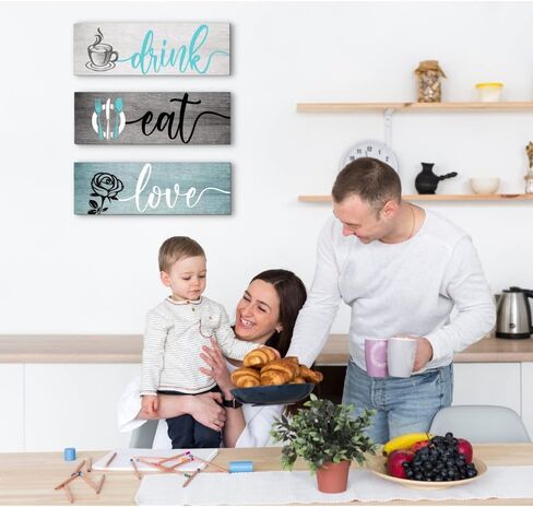 Creoate Teal Kitchen Wall Decor Art، مجموعة من 3 - لوحة خشبية لتناول المشروبات والحب، لوحة فنية جدارية لغرفة الطعام ديكور مزرعة ريفية، هدايا للمنزل in Saudi Arabia