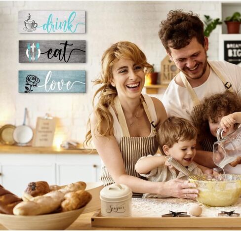 Creoate Teal Kitchen Wall Decor Art، مجموعة من 3 - لوحة خشبية لتناول المشروبات والحب، لوحة فنية جدارية لغرفة الطعام ديكور مزرعة ريفية، هدايا للمنزل in Saudi Arabia
