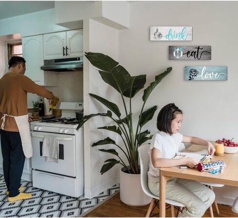 Creoate Teal Kitchen Wall Decor Art، مجموعة من 3 - لوحة خشبية لتناول المشروبات والحب، لوحة فنية جدارية لغرفة الطعام ديكور مزرعة ريفية، هدايا للمنزل in Saudi Arabia