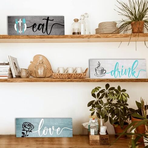 Creoate Teal Kitchen Wall Decor Art، مجموعة من 3 - لوحة خشبية لتناول المشروبات والحب، لوحة فنية جدارية لغرفة الطعام ديكور مزرعة ريفية، هدايا للمنزل in Saudi Arabia