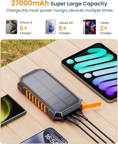 Hiluckey Power Bank Solar Charger 27000mAh Built in 3 Cables Five Outputs 15W Fast Charging Power Bank for All Mobile Devices Solar Portable Charger with Dual Flashlights in Saudi Arabia