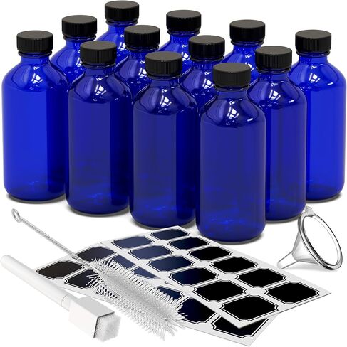 Nevlers 12 Pack 8 oz Amber Glass Bottles with Caps | The Leakproof Brown Glass Bottles Includes Caps & a Funnel and Brush with Bonus Labels to Easily Identify Its Contents in Saudi Arabia