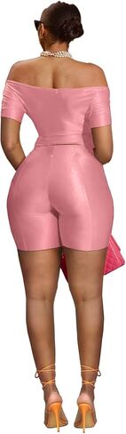 طقم مكون من قطعتين للنساء للخروج، بلوزات مثيرة بدون أكتاف وشورتات ضيقة، مجموعة ملابس نادي لامعة in Kuwait