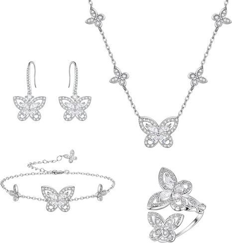 مجوهرات الفراشة من إليكوين للنساء، طقم قلادة/أقراط/خاتم/سوار مطلي بالفضة على شكل فراشات زركونيا مكعبة لمحبي الفراشات in Kuwait