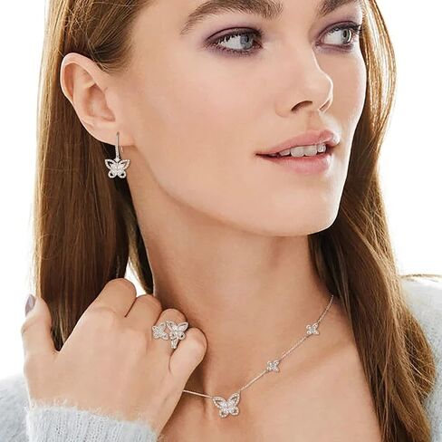 مجوهرات الفراشة من إليكوين للنساء، طقم قلادة/أقراط/خاتم/سوار مطلي بالفضة على شكل فراشات زركونيا مكعبة لمحبي الفراشات in Kuwait
