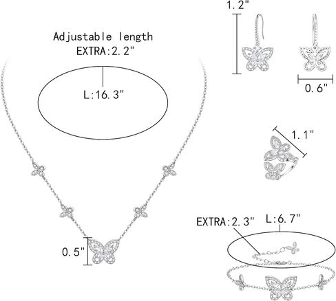 مجوهرات الفراشة من إليكوين للنساء، طقم قلادة/أقراط/خاتم/سوار مطلي بالفضة على شكل فراشات زركونيا مكعبة لمحبي الفراشات in Kuwait