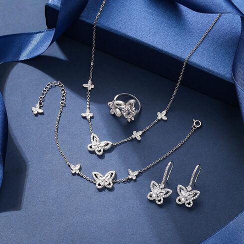مجوهرات الفراشة من إليكوين للنساء، طقم قلادة/أقراط/خاتم/سوار مطلي بالفضة على شكل فراشات زركونيا مكعبة لمحبي الفراشات in Kuwait