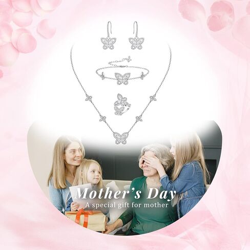 مجوهرات الفراشة من إليكوين للنساء، طقم قلادة/أقراط/خاتم/سوار مطلي بالفضة على شكل فراشات زركونيا مكعبة لمحبي الفراشات in Kuwait