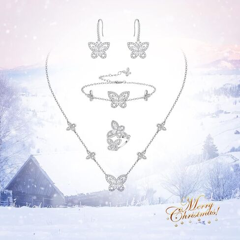 مجوهرات الفراشة من إليكوين للنساء، طقم قلادة/أقراط/خاتم/سوار مطلي بالفضة على شكل فراشات زركونيا مكعبة لمحبي الفراشات in Kuwait
