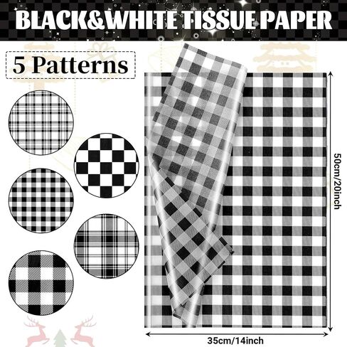 100 Sheets 20 * 14 Inches Black White Buffalo Plaid Tissue Paper, 5 Patterns, Gingham Checkered Tissue Paper for Gift Wrapping for Birthday Christmas Halloween Racing Car Party DIY Craft in Saudi Arabia