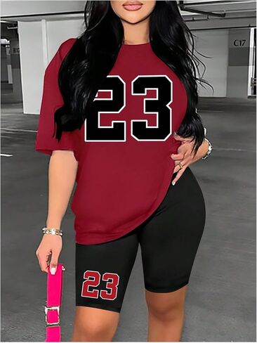 Floerns Women's 2 Piece Outfit Letter Graphic Print T Shirt and Leggings Shorts Set in Saudi Arabia