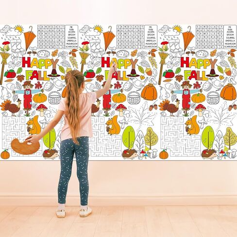 Qyeahkj Giant Fall Coloring Tablecloth Large Autumn Poster Maple Leaf Coloring Party Tablecloth Autumn Party Game Supplies Jumbo Hello Fall Coloring Table Cover for Kids Classroom Arts and Crafts in Saudi Arabia