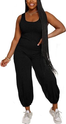 Tank Top Jumpsuits For Women Casual Summer Square Neck Sleeveless Rompers Elastic Loose Fit Overalls With Pockets in Saudi Arabia