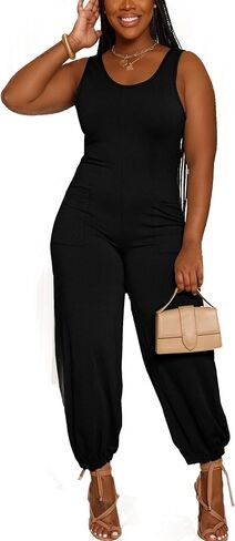 Tank Top Jumpsuits For Women Casual Summer Square Neck Sleeveless Rompers Elastic Loose Fit Overalls With Pockets in Saudi Arabia