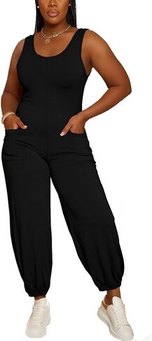 Tank Top Jumpsuits For Women Casual Summer Square Neck Sleeveless Rompers Elastic Loose Fit Overalls With Pockets in Saudi Arabia