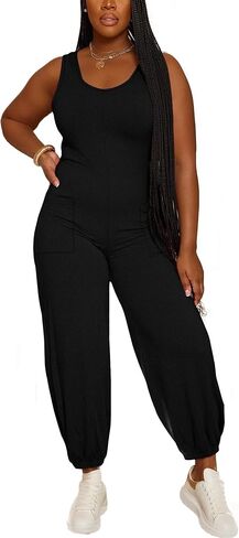 Tank Top Jumpsuits For Women Casual Summer Square Neck Sleeveless Rompers Elastic Loose Fit Overalls With Pockets in Saudi Arabia