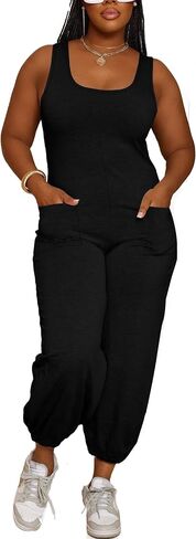 Tank Top Jumpsuits For Women Casual Summer Square Neck Sleeveless Rompers Elastic Loose Fit Overalls With Pockets in Saudi Arabia