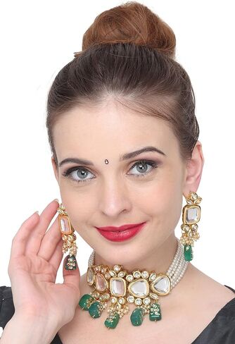 Beads Gold Plated Choker Jewelery Set with Necklace and Earrings for Women and Girls in Saudi Arabia