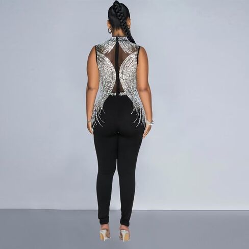 Women's Sexy Sleeveless Rhinestone Jumpsuit Patchwork Sheer Mesh See Through Bodycon Jumpsuit Party Club Night in Kuwait