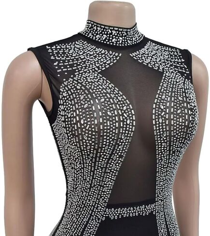 Women's Sexy Sleeveless Rhinestone Jumpsuit Patchwork Sheer Mesh See Through Bodycon Jumpsuit Party Club Night in Kuwait