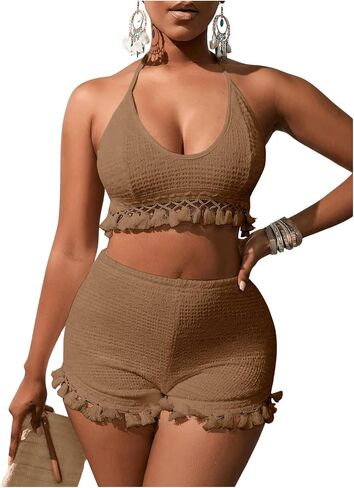 Women's 2 Piece Outfits Tassel Trim Backless Halter Crop Top and Elastic Waist Shorts Sets in Saudi Arabia